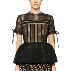 Self-Portrait Black Lace Short Sleeve Peplum Hem Blouse Size 6